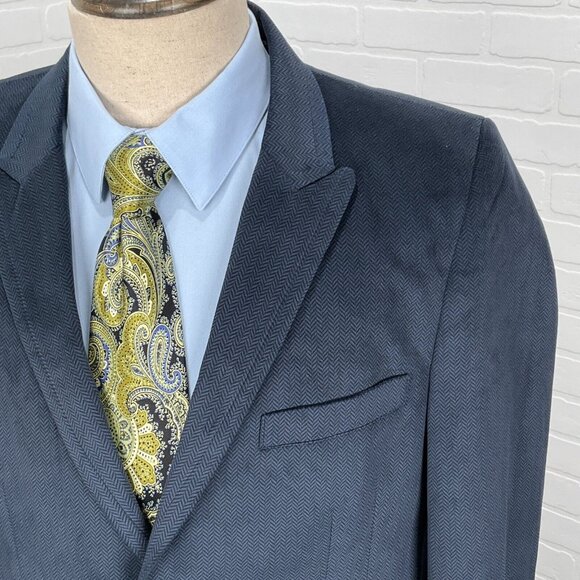 Marc Ecko Blazer Men XL Blue Black Herringbone Cut Sew Plush Soft Smoking Jacket - Picture 1 of 12